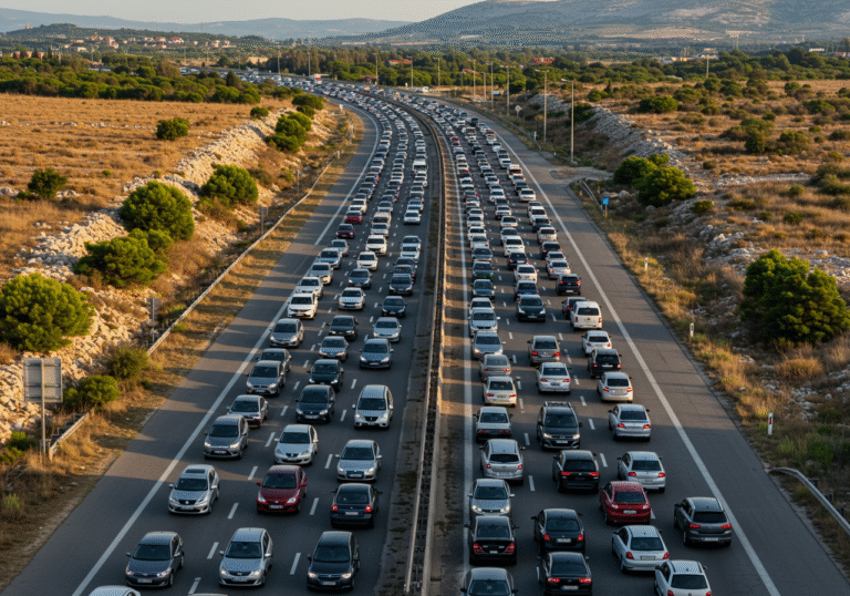 A multi-lane Croatian highway is completely clogged with dense, slow-moving traffic under a bright, late morning sun. Hundreds of passenger vehicles are bumper-to-bumper across all lanes, stretching far into the distance. The asphalt appears slightly hot and shimmering. The surrounding landscape features the dry, rocky hills and Mediterranean vegetation typical of the Croatian interior alongside the highway. The clear blue sky has only a few wispy clouds. The scene emphasizes the sheer volume and stagnation of vehicles, reflecting unprecedented summer traffic.