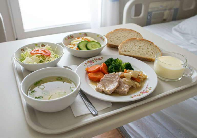 A close-up, eye-level shot of a patient's lunch tray in a bright Croatian hospital room. The white plastic tray holds several simple dishes: a white ceramic bowl of clear soup, a plate with soft-cooked mixed vegetables next to pieces of pork in a light brown sauce, a small bowl of sliced cucumber salad, a few slices of white bread, and a small cup of vanilla pudding. The meal is presented on a standard mobile hospital table over a bed, with crisp white bedsheets visible. Natural daylight streams in from a nearby window, illuminating the scene with clear, even light.