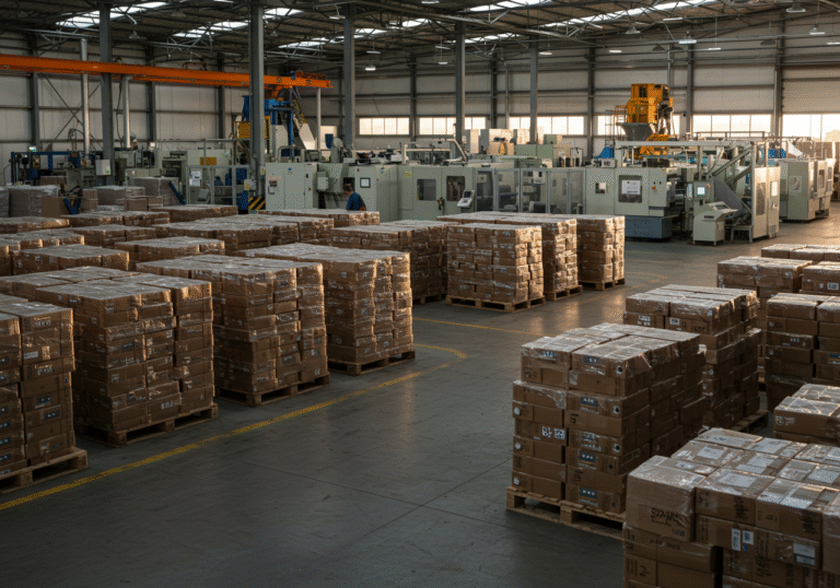 June 2025, late afternoon light fills a large industrial warehouse in Croatia. Rows of neatly stacked finished goods dominate the foreground, some areas appearing slightly less full than others. In the background, a modern manufacturing line operates, but with noticeably fewer workers than usual, their presence sparse amidst the machinery. The scene conveys a sense of quiet activity, reflecting the mixed trends and employment decline in Croatian industrial production.