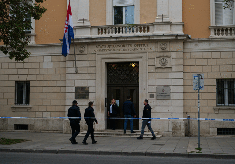 Exterior view of the State Attorney's Office building in Zadar, Croatia, on a slightly overcast late afternoon. The architecture is formal and typical of a public institution in a Croatian city. A subtle Croatian flag is visible near the entrance. Several people, dressed in professional attire, are seen walking on the sidewalk outside, their expressions serious, reflecting the solemn atmosphere of an ongoing high-profile investigation. The street scene is quiet and orderly.