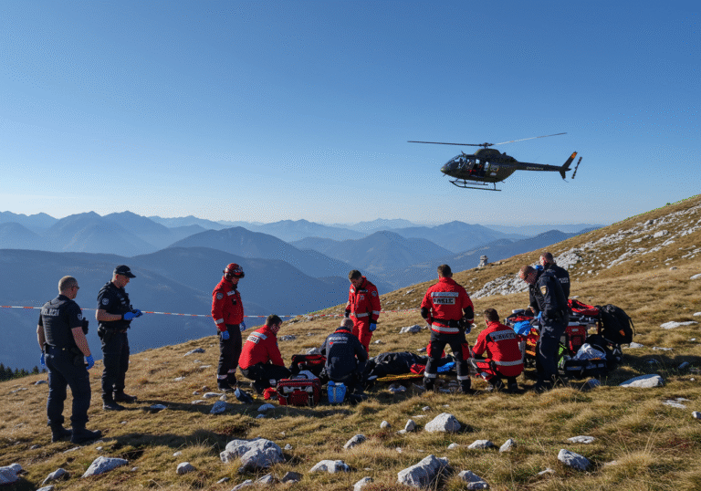 An editorial photograph taken on a clear, sunny early afternoon on Veliki Vrh mountain in Slovenia. In the foreground, Gorski spasioci from Tržič and a GRZS helicopter rescue doctor are attending to a middle-aged hiker lying on the ground near a mountain trail, with medical equipment around them. A Slovenian army helicopter is visible nearby on the alpine terrain. Kranj police officers are conducting an investigation in the background, observing the scene. The mountain landscape is rugged and vast, with distant peaks under a bright blue sky. The atmosphere is somber and professional.