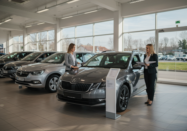 A modern, well-lit car dealership showroom in Croatia on a bright day. Sunlight floods the spacious interior, highlighting several new cars on display. In the foreground, a Croatian couple, appearing pleased and engaged, stands near a new Škoda model, while a sales representative professionally explains features. In the background, other new vehicles from brands like Volkswagen and Opel are visible. The scene conveys a sense of economic optimism and strong consumer interest in the growing Croatian new car market.
