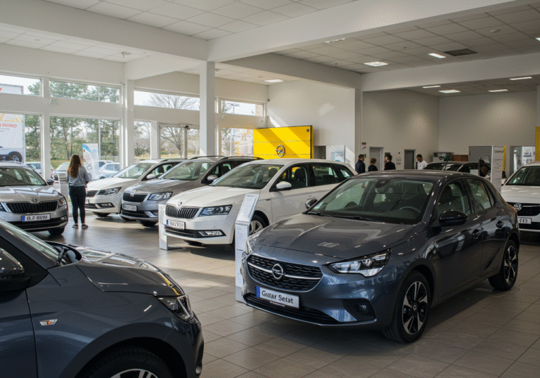 A vibrant interior of a contemporary car dealership in Croatia, illuminated by bright daylight. In the foreground, a new Opel Corsa is presented, drawing attention. Nearby, a new Opel Mokka and a Škoda Octavia are also on display, part of the diverse selection of vehicles. A few potential car buyers are seen casually looking at the cars, some in conversation with sales staff, indicating active sales. The atmosphere is clean and modern, reflecting the dynamic new car market. The sunlight casts subtle reflections on the polished surfaces of the vehicles.