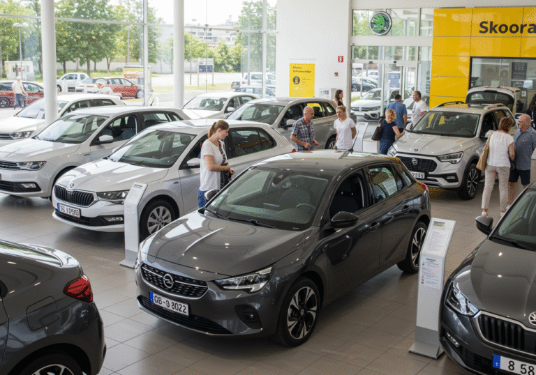 A bright, modern car dealership showroom in Croatia on a sunny July day. New 2025 model Opel Corsa, Opel Mokka, and Skoda Octavia cars are prominently displayed on the polished floor. Several Croatian customers of varying ages are seen examining the vehicles, opening doors, and sitting inside, some talking with sales representatives. The atmosphere is lively and optimistic, reflecting recent strong sales growth in the Croatian new car market. Natural light streams through large windows, illuminating the glossy car bodies. Other new Opel, Skoda, and Volkswagen models are visible in the background. People are dressed in light summer clothing.