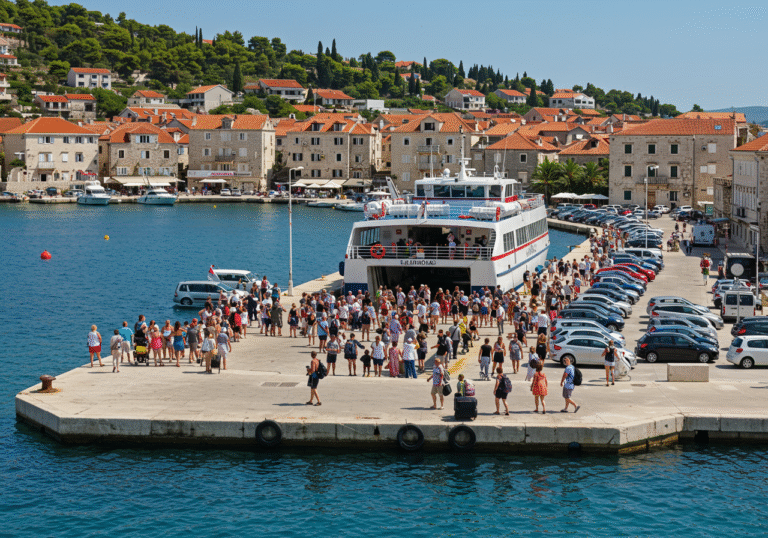 A wide, sun-drenched view of a bustling Croatian seaport during the peak summer season of 2025. Numerous passengers, some carrying luggage, are seen moving on and off large ferries and catamarans, filling the docks with activity. Cars and buses are lined up, either boarding or disembarking from vessels. The scene is vibrant with people, reflecting a strong tourist influx. In the background, traditional Mediterranean architecture with red-tiled roofs and stone buildings lines the coastline under a clear blue sky. The calm, turquoise waters of the Adriatic Sea reflect the bright sunlight. The atmosphere is lively, indicative of robust maritime traffic.