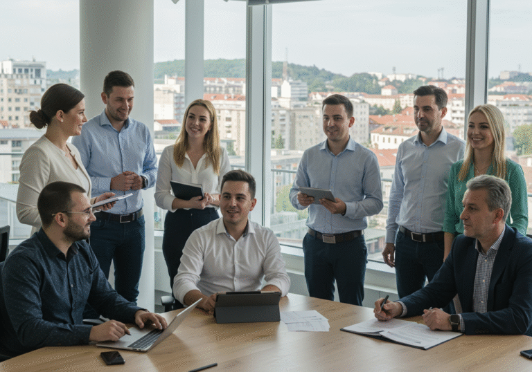 A diverse group of Croatian business professionals, including men and women of various ages, engaged in a collaborative discussion in a modern, well-lit office space in a Croatian city. They are dressed in a mix of smart casual and business attire, some holding tablets or notebooks, with expressions of focus and optimism. Large windows overlook a contemporary urban landscape in Croatia, under clear daylight. The scene conveys a sense of dynamic business activity, collaboration, and economic growth within the Croatian private sector.