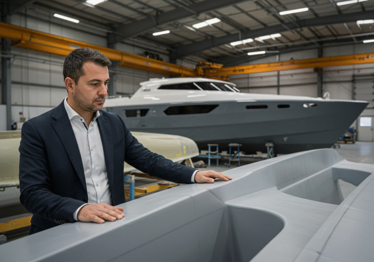 A professional, focused Croatian man, Mateo Tramontana, the director of Brodotrogir Cruise, stands inside a brightly lit, modern shipbuilding facility in Croatia. He is intently inspecting a large, sleek 70-meter catamaran yacht mold, prominently displayed in the foreground and visibly constructed from polymer material. The background reveals an expansive industrial workshop with clean lines, indicating advanced manufacturing processes. The lighting is soft and even, capturing an editorial-style scene of innovation.