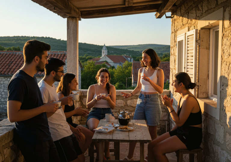 A group of diverse young Croatian adults, casually dressed, sharing a relaxed moment and laughter on an outdoor terrace of a traditional stone house in a small Croatian village. Sunlight illuminates their faces, casting warm shadows. One person holds a simple, local coffee cup, another gestures expressively while speaking. In the background, lush green hills and a glimpse of a traditional village church tower are visible under a clear blue sky, emphasizing community and the natural beauty of the Croatian countryside.