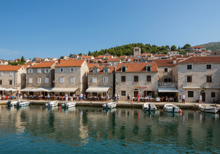A sun-drenched, clear blue sky view of a picturesque Croatian coastal town harbor in mid-July 2025. Traditional stone buildings with terracotta roofs line the waterfront, reflecting in the calm, turquoise Adriatic Sea where a few fishing boats and small yachts are moored. On the cobblestone promenade, only a handful of casually dressed tourists are seen strolling leisurely or sitting at outdoor cafes, creating a noticeably quieter atmosphere than typically expected for peak summer. The scene is bright and airy, with soft shadows.