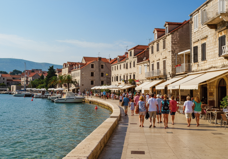 A sunlit afternoon on the historic promenade of a coastal town in the Split-Dalmatia County, Croatia, in July. Tourists, including families and couples, some speaking German or Slovenian, walk along the waterfront. Elegant hotel facades with open balconies and typical Croatian stone architecture line the street. In the background, boats gently bob on the clear Adriatic Sea. The scene is active, showcasing a pleasant summer holiday, yet subtly less crowded than peak seasons.