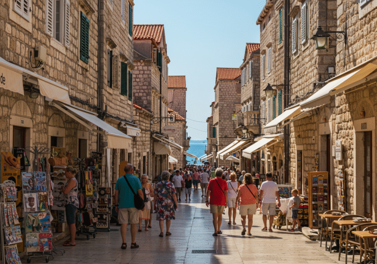 A sun-drenched pedestrian street in a historic Croatian coastal town during July. Tourists and locals in light summer clothing are casually strolling, browsing local artisan shops, and relaxing at outdoor cafes nestled among ancient stone buildings with red terracotta roofs. The atmosphere is active but there is a comfortable flow of people rather than dense crowds, with glimpses of the clear blue Adriatic Sea visible between buildings in the distance. Natural, bright midday light.