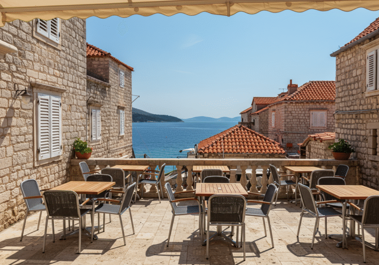 An empty outdoor restaurant terrace in a historic coastal town in Dalmatia, Croatia, on a bright, sunny June 2025 afternoon. Elegant, unoccupied tables and chairs are neatly arranged on a stone patio, framed by traditional Croatian stone architecture with terracotta rooftops. The clear blue Adriatic Sea stretches out in the background under a cloudless sky. The scene is uncharacteristically quiet and still for the peak summer season, conveying the impact of reduced tourist numbers.