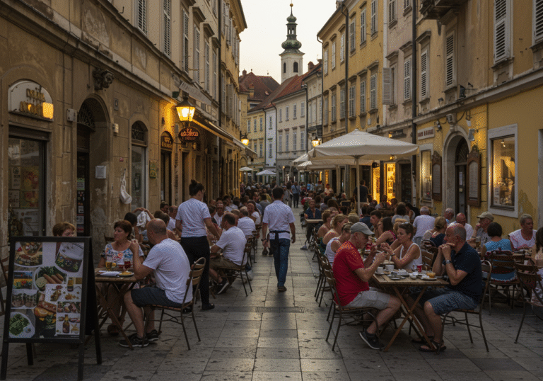 A bustling outdoor cafe in a lively street of Zagreb, Croatia, during a warm July late afternoon. Diverse tourists in summer clothing are seated at tables, enjoying meals, coffee, and drinks. Waiters are actively serving, and the atmosphere is vibrant with chatter and activity. Traditional Croatian urban architecture forms the backdrop, illuminated by soft golden light, reflecting a prosperous tourist season.