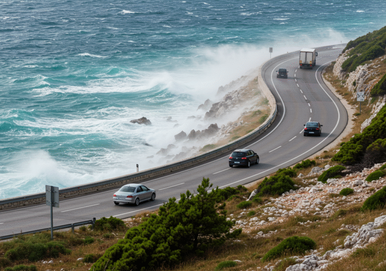 A winding section of Jadranska Magistrala (DC8) coastal road between Senj and Karlobag, Croatia, on a bright but extremely windy day, August 17, 2025. Strong gusts whip across the asphalt, causing visible sea spray to rise from the choppy Adriatic Sea below and bending coastal vegetation. Passenger cars and trucks drive slowly and cautiously along the exposed road, their drivers focused intently on the challenging conditions. The scene captures the intensity of the strong winds affecting summer travel in the region. Natural light, editorial photo.