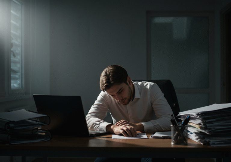 A young adult Croatian professional, appearing to be in their early twenties, sits slumped at a modern office desk within a contemporary office building in Croatia. The natural light filtering through a window is fading, casting long shadows and creating a dim, somber atmosphere, indicative of late hours. The person's face shows deep fatigue and a vacant, unmotivated expression as they stare ahead, past an open laptop screen. Disorganized stacks of documents and work-related items are visible on the desk, suggesting an overwhelming workload. The background is a subtly blurred office interior, quiet and empty, conveying a sense of solitude. The individual is dressed in slightly disheveled business casual attire, reflecting the strain of prolonged work.