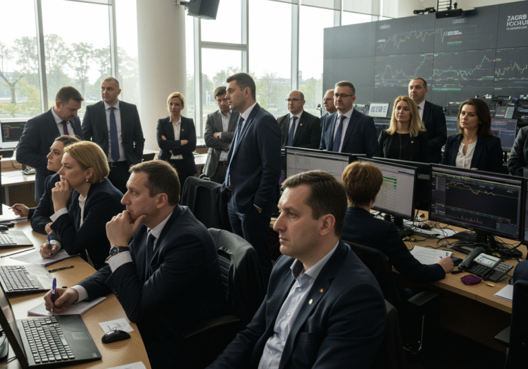 A group of Croatian financial professionals, including men and women in sharp business attire, gather around large digital screens within a bright, modern trading room at the Zagreb Stock Exchange building in Croatia. Sunlight streams through expansive windows, illuminating the focused expressions on their faces. Some appear contemplative, while others are engaged in animated discussion, reacting to the day's fluctuating market data and significant news. One person gestures towards a screen, drawing attention to a particular movement. The scene captures the dynamic and intense atmosphere of a financial hub in Zagreb during the early afternoon.