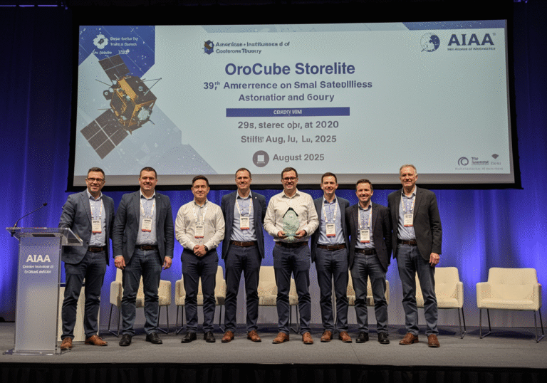 A small group of Croatian CroCube satellite team members standing proudly on a brightly lit conference stage in Salt Lake City, USA, in August 2025. One engineer, dressed in a smart business shirt, stands center, holding a sleek, modern award trophy. Other team members stand beside them, their faces reflecting quiet triumph and professional satisfaction. Behind them, a large screen displays the logo of the American Institute of Aeronautics and Astronautics (AIAA) and the award title. The scene captures a significant moment of recognition at the 39th Conference on Small Satellites, illuminated by clear, professional stage lighting.