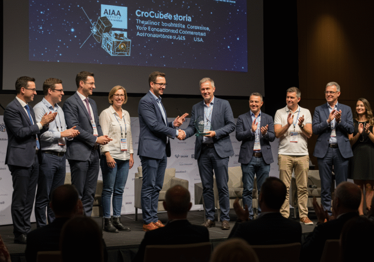 CroCube, prvi hrvatski satelit, ovjenčan prestižnom međunarodnom nagradom “Rookie godine 2025” A group of proud Croatian scientists and engineers, members of the CroCube team, stand on a brightly lit stage at the Small Satellite Conference in Salt Lake City, Utah, USA, in August 2025. One male team member in professional attire is shaking hands with a representative from the American Institute of Aeronautics and Astronautics (AIAA) while accepting a gleaming award trophy. Other Croatian team members, including men and women of various ages, are smiling broadly and applauding beside them. The background shows a modern conference hall with a large audience seated in the foreground, illuminated by warm stage lighting, capturing a moment of international recognition.