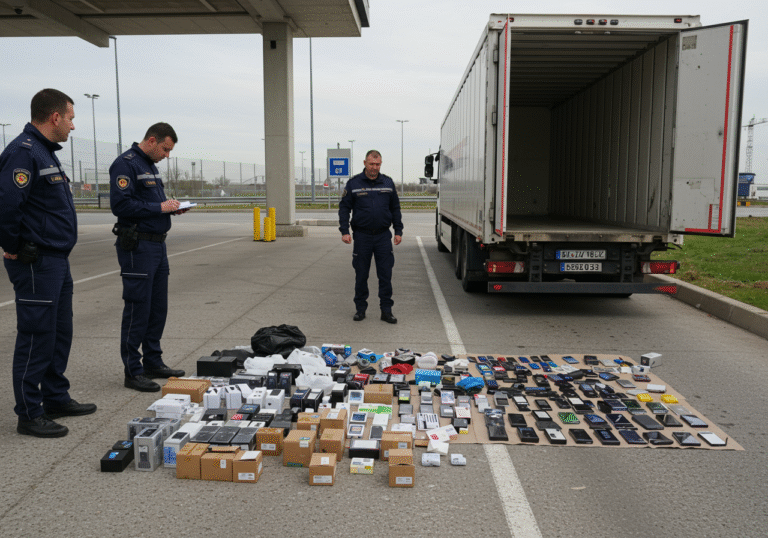 Daytime, a detailed editorial photograph of Croatian customs officers in uniform inspecting a significant seizure at a customs checkpoint near Slavonski Brod, Croatia. Numerous packages and loose Samsung and iPhone mobile phones, hundreds of units in total, are carefully laid out on the ground or a tarp next to a large refrigerated semi-trailer truck. The truck bears Bosnian and Herzegovinian license plates. One customs officer is documenting the seized items, while another observes the interior of the opened truck trailer. A male truck driver stands somberly in the background. The environment is typical of a border crossing, with concrete surfaces and a clear sky.