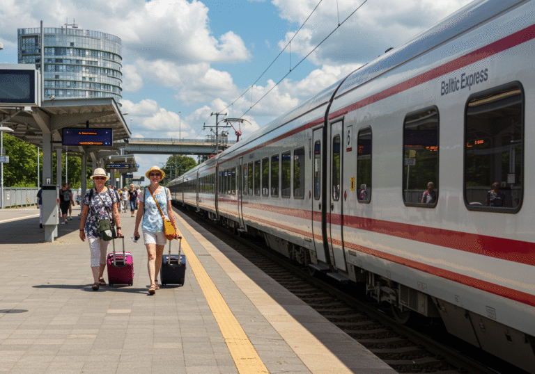 A sleek Baltic Express train arrives at a modern station platform in a Polish coastal city like Sopot or Gdańsk. Czech tourists, dressed for a mild summer day in mid-August, disembark cheerfully with their luggage, looking forward to their vacation. In the background, contemporary Polish architecture and a glimpse of either the calm Baltic Sea or a newly built, free Polish highway overpass are visible under a partly cloudy sky. Natural editorial light.