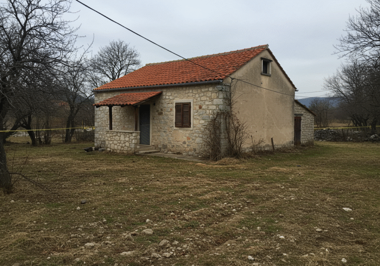 Exterior shot of a modest, weathered family home in a rural area of Dalmatia, Croatia, under a cold, overcast December sky. The traditional stone and plaster house, with its terracotta roof tiles, stands quietly amidst sparse winter vegetation. The ground around the house shows subtle, lingering signs from a past, extensive police and forensic search, such as flattened areas of grass or faint tracks in the dry earth. The scene is devoid of people, conveying a somber, silent atmosphere of unresolved mystery surrounding the missing newborn's body.