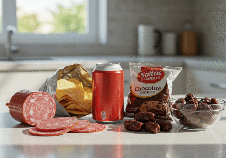 A clean, well-lit kitchen counter displays a selection of foods to avoid: several slices of red processed deli meat, a vibrant can of sugary carbonated soda, an open bag of salty potato chips, a plastic-wrapped package of shelf-stable chocolate cookies, and a small glass bowl filled with dried dates. Natural daylight streams in from a window, creating subtle shadows and highlights on the items. The focus is sharp on the food arrangement, with a subtly blurred background of a modern kitchen environment, conveying an informative, editorial tone.