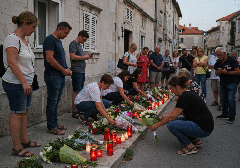 A somber, quiet gathering of diverse citizens and tourists on Tesla Street in Šibenik, Croatia, on a clear August day. People are standing respectfully on the sidewalk, some kneeling to carefully place bouquets of fresh flowers and light candles on the pavement in front of a typical Croatian residential building, identified as the Dedić family home. Soft daylight illuminates the scene, and the gentle flicker of candle flames is visible among the flowers. Individuals are dressed in everyday attire, their faces reflecting deep respect, quiet contemplation, and sadness for the departed Dedić family. The atmosphere is one of profound, hushed tribute.