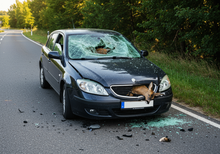 Midday sun illuminates a rural road in Končanica, Croatia, connecting Bjelovar and Daruvar, near the turn-off for Crnaja sports fishing lake. A passenger car sits stationary on the asphalt, its front heavily damaged and its windshield completely shattered. The deceased body of a roe deer is visible within the passenger cabin, having forcefully entered the vehicle. Shards of glass and small pieces of vehicle debris are scattered on the road surface around the car. A dense forest borders the road on one side, hinting at the deer's origin. The scene captures the immediate aftermath of a severe wildlife collision on a clear summer day in August.