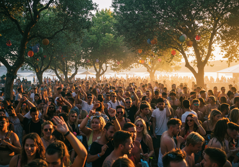 Thousands of diverse international house music lovers are dancing energetically under the warm afternoon sun at the 9th Defected Croatia festival. The scene is set in the vibrant Olive Grove area of The Garden Resort in Tisno, Croatia, on the festival's concluding day, Sunday, August 3, 2025. People are immersed in the electronic music, their faces joyful and expressive of community spirit, with the lush Croatian coastal landscape and glimpses of the Adriatic Sea in the background.