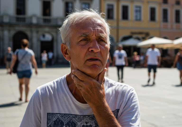 A candid, editorial portrait of an elderly person on a hot summer day in a bustling European public square. The person appears visibly fatigued, with a furrowed brow, indicating a headache, and a distant, slightly confused gaze, suggesting reduced mental clarity. Their lips are parched, and they might be subtly reaching for their throat or looking towards a water source. Harsh sunlight emphasizes the heat, casting strong shadows, and the background hints at activity but keeps the focus on the individual's discomfort.