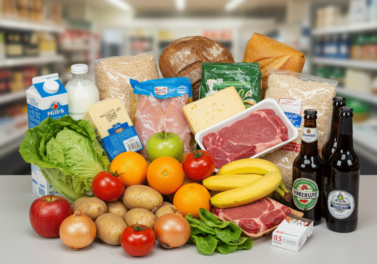 An editorial photograph of a diverse grocery basket on a clean counter or market stall. The basket contains exactly 19 items: a carton of milk, a loaf of rustic bread, a bag of rice, a carton of eggs, a block of local European cheese, packaged chicken fillets, a cut of beef, fresh apples, bananas, oranges, tomatoes, potatoes, onions, a head of green lettuce, a bottle of water, a bottle of medium-quality European red wine, a 0.5-liter bottle of domestic beer, a 0.33-liter bottle of imported beer, and a pack of cigarettes. The items are arranged clearly and naturally, illuminated by bright, even market lighting, suggesting a detailed study or comparison of consumer goods. The background is subtly blurred, hinting at a typical European supermarket or market interior, without specific identifiable landmarks or text.