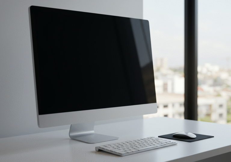 A minimalist modern office workstation with a large, unlit computer monitor, its screen completely black, subtly reflecting the surrounding empty space. A keyboard and mouse rest idly on the clean desk. Soft, diffused natural light from a nearby window illuminates the quiet scene, conveying a sense of halted digital activity and the absence of information.