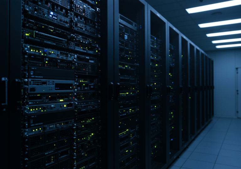 A quiet, editorial photograph of a server rack inside a data center, bathed in cool, uniform LED lighting. The majority of the small, bright activity lights on the servers and network equipment are dark and still, indicating a paused state. Only a few green power indicators remain steadily lit, symbolizing an information system in a holding pattern, awaiting critical data to resume its process of analyzing and presenting relevant news. The scene is devoid of human presence, emphasizing the autonomous nature of the digital wait.