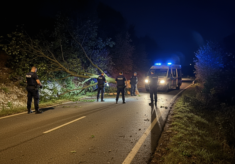 A somber late evening scene on a rural asphalt road near Kršikla village in Istria, Croatia. A large, freshly fallen tree lies across the road and embankment, having toppled from elevated terrain. Several uniformed Croatian police officers are meticulously surveying the area, their flashlights casting sharp beams on the debris and asphalt. A white ambulance vehicle is parked discreetly in the background, its emergency lights off. The ambient light is dim, characteristic of 8 PM, with the scene illuminated primarily by police vehicle headlights.