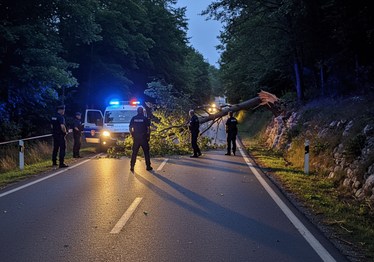 Istrian police officers in dark blue uniforms are surveying a rural road near Kršikla, Istria, Croatia, at dusk on an August evening. A large, freshly fallen tree lies partially across the asphalt, having tumbled from an elevated, wooded slope adjacent to the road. A white Istrian police patrol vehicle with its blue emergency lights softly flashing illuminates the scene, casting long shadows. The atmosphere is somber and serious, reflecting an ongoing investigation.