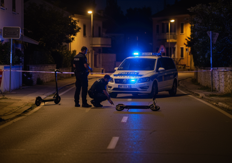 Late evening on the roadway in the Saladinka settlement, Červar Porat area, near Poreč, Croatia. Two Croatian police officers in dark uniforms are meticulously examining a spot on the asphalt, illuminated by the flashing blue lights of a parked police car. An electric scooter lies on its side on the pavement nearby. The scene is quiet under the dim light of scattered streetlights, with the architecture of surrounding residential buildings characteristic of the Istrian region visible in the background. The atmosphere is solemn, reflecting an ongoing investigation.