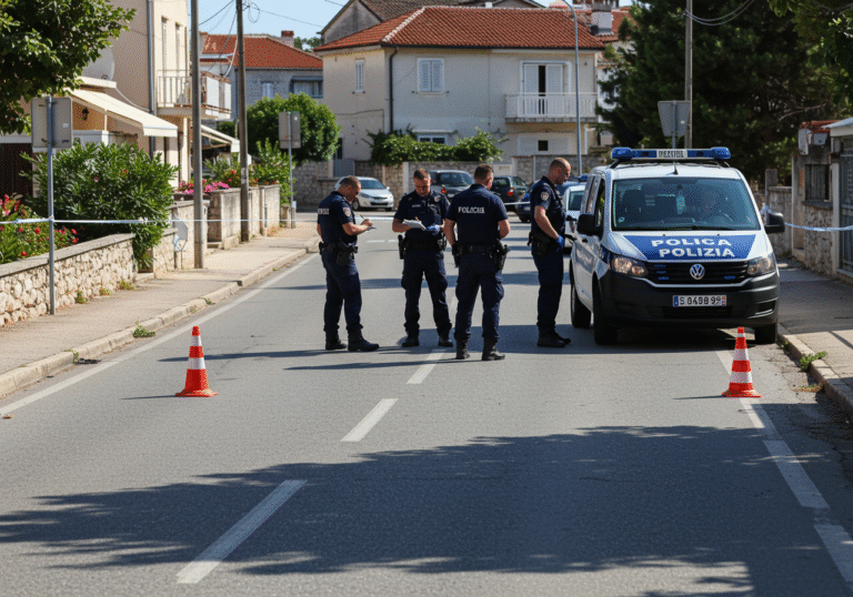 A bright morning scene around 9:30 AM in Kaštel Novi, Croatia, where Croatian police officers are actively conducting an on-site investigation following a traffic accident. Sunlight casts clear shadows on the asphalt road. A marked Croatian police patrol vehicle is parked at the side, its lights off. Several officers, dressed in their standard blue Croatian police uniforms, are meticulously examining a section of the road, one possibly taking notes. Traffic cones are set up, indicating a temporarily obstructed area of the street. In the background, typical Mediterranean-style residential buildings are visible under the clear sky, reflecting the peaceful morning despite the serious police presence.