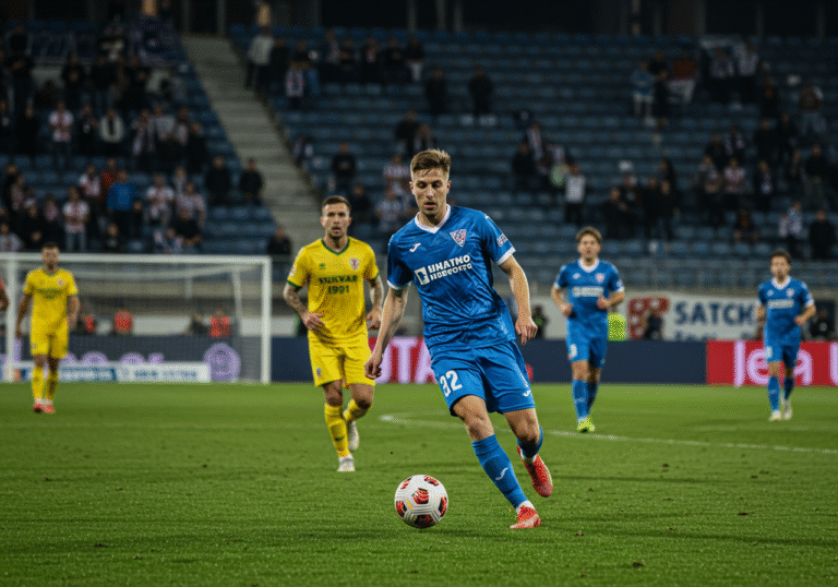 A Dinamo Zagreb football player in a blue jersey on the green pitch, controlling the ball with determination, amidst a match under bright floodlights at Maksimir Stadium in Zagreb, Croatia. The stadium stands are filled with cheering fans, creating a vibrant evening atmosphere. Opposing players from Vukovar 1991 are visible in the background, conveying Dinamo's dominance in their 3-0 victory.