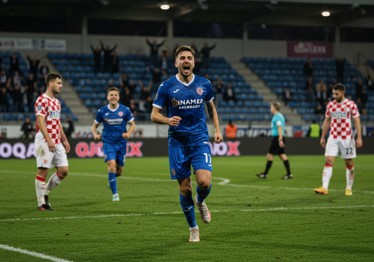 A Dinamo Zagreb football player, wearing a blue jersey, triumphantly celebrates a late goal on the pitch of Opus Arena in Osijek, Croatia. Teammates are seen rushing towards him with elated expressions, while opposing Osijek players show dejection in the background. The scene is illuminated by stadium floodlights under an evening sky, capturing the high-stakes atmosphere of a dramatic match ending. The stands of the modern stadium are visible in the blurred background, filled with a mixed crowd of fans.
