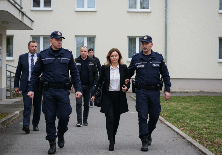 Daytime, Zagreb County, Croatia. A 37-year-old female company director is being escorted by two uniformed Croatian police officers from the Police Administration of Zagreb, identifiable by their dark blue uniforms and 'POLICIJA' insignia. They are walking on a sidewalk outside a typical Croatian multi-story institutional building, which could be a nursing home for the elderly and infirm. The building has a plain, light-colored facade. Other plainclothes inspectors from the State Inspectorate of the Republic of Croatia are also present, observing the scene. The atmosphere is serious and professional, reflecting a coordinated law enforcement operation. The sky is clear.