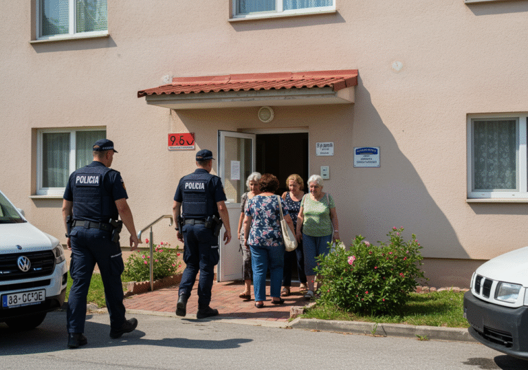 A realistic, editorial photograph of uniformed Croatian police officers and an official from the State Inspectorate of the Republic of Croatia outside the entrance of an elderly care home in Zagreb County, Croatia. Two police officers are escorting three adult foreign women, who appear tired but are being safely guided away from the building. The women are dressed in simple, everyday clothing. The elderly care home has a modest, residential appearance with visible windows and a clean facade under a clear, bright summer sky. Strong daylight casts short shadows. A white official vehicle, possibly from the State Inspectorate or police, is parked on the street nearby.