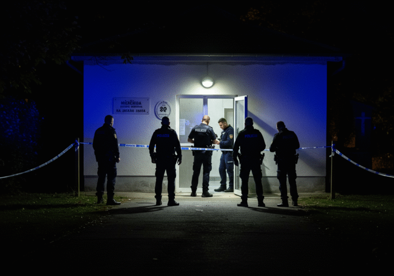 Bizarna provala u Đakovu: Iz mrtvačnice otuđena tehnička oprema vrijedna tisuću eura Croatian police officers from the Osječko-baranjska Police Department are actively investigating the entrance of a dimly lit morgue building at a cemetery in Đakovo, Croatia, during the early morning hours. Yellow crime scene tape is visible around the perimeter of the building's entrance. Flashlight beams from the officers cut through the darkness, highlighting details on the ground and the building's facade. The atmosphere is somber and focused as the investigation into the recent burglary unfolds.