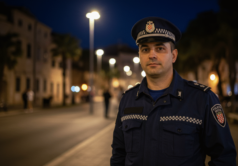 A uniformed Croatian police officer stands outdoors at night on a street in Split, Croatia, illuminated by the glow of city lights and streetlamps. The officer has a serious, vigilant expression, with the blurred background hinting at urban architecture. The scene conveys a sense of public safety and a cautionary warning in the late evening hours.