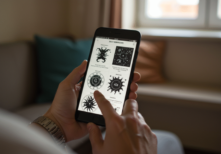 A close-up editorial shot of hands holding a smartphone or tablet, displaying a daily horoscope guide. The background is a subtly blurred, typical Croatian indoor setting with natural morning light. The focus is on the act of reading and reflection.