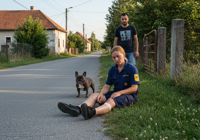A 36-year-old female postwoman in a postal uniform sits by the side of a rural road in Hodošan, Međimurje County, Croatia, showing a visible injury on her leg. Nearby, a French Bulldog stands next to its 31-year-old male owner, who looks visibly concerned. In the background, an open yard gate from a nearby house leads to the road. It is late morning on a sunny day in August, with typical Croatian village architecture visible.