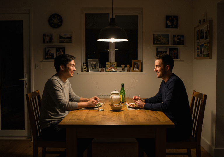 A happy couple, mid-30s, sits at a sturdy wooden dining table in their comfortable home, sharing a relaxed evening meal. Soft, warm light from a pendant lamp illuminates the scene, highlighting their smiles as they engage in intimate conversation. On a nearby wall or shelf, framed photographs from travels and small, artistic souvenirs are visible, forming a gallery of their shared memories. No electronic devices are present on the table or within reach, emphasizing a technology-free moment focused on their connection.