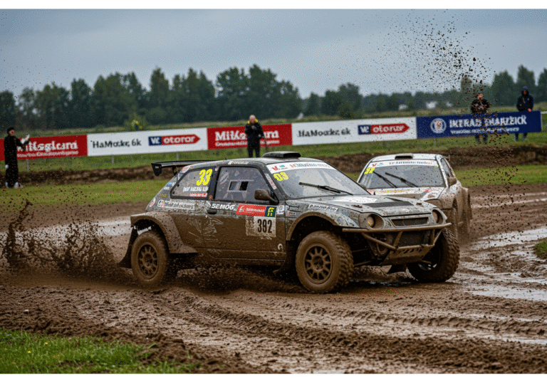 Croatian autocross champion Dražen Krznarić in his Semog Bravo Sport buggy, struggling through a muddy first turn on the rain-soaked Homolka track in Poříčí nad Sázavou, Czech Republic, during a race on Sunday, August 3, 2025. The car is heavily caked in mud, with water and dirt spraying from its wheels as it navigates the challenging surface. The rear of the vehicle shows visible signs of recent contact, appearing slightly dislodged, with another competitor's autocross car close behind, also covered in mud. The sky is overcast, and the track is visibly slick with puddles and deep tire ruts, reflecting the difficult conditions. Distant trackside banners and blurred race personnel are visible in the background.