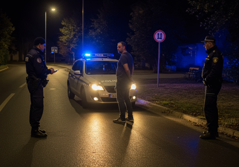 Evening in Pleternica, Croatia. A 37-year-old man with visible signs of intoxication stands beside his car on Orljavska Street, engaged in a serious conversation with a uniformed Croatian police officer. The scene is illuminated by the headlights of the stopped vehicle and the blue lights of a police patrol car in the background, casting long shadows. Another Croatian police officer observes nearby. The atmosphere is tense, capturing a routine traffic control at night leading to an arrest.