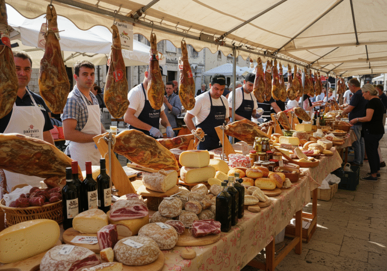 A bustling open-air market scene at the 8th International Pršut Festival on Trg Poljana in Drniš, Croatia. Sunlight illuminates various stalls displaying whole Drniški pršut legs, some being skillfully sliced by local producers wearing aprons. Nearby, wooden tables are laden with other authentic Croatian delicacies like pancetta, buđola, large rounds of local cheeses, fresh bread under peka, bottles of olive oil, and regional wines. Festival-goers, a mix of locals and visitors, are seen sampling products and interacting with vendors. The atmosphere is lively and celebratory, reflecting the rich gastronomic heritage of Dalmatia, with hints of traditional Croatian architecture forming the backdrop.