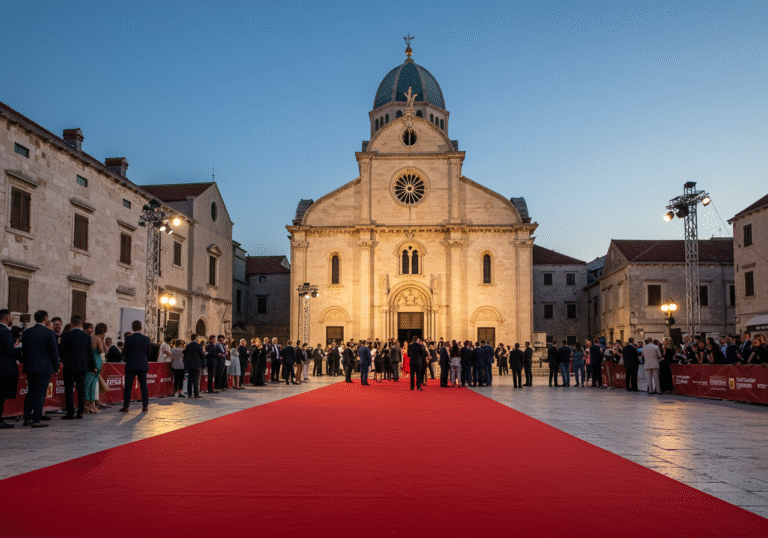 An editorial wide shot capturing the festive opening ceremony of the Second Croatian International Film Festival (CIFF) in Šibenik, Croatia, on the evening of August 8, 2025. A vibrant red carpet unfurls prominently in front of the grand, illuminated St. James Cathedral (Katedrale sv. Jakova). Guests in elegant formal wear are seen arriving and mingling, creating a dynamic gala reception atmosphere. Professional event lighting casts a warm glow over the scene, highlighting the historic stone facade of the cathedral against the deepening twilight sky. The focus is on the sophisticated crowd and the iconic Croatian architectural backdrop.